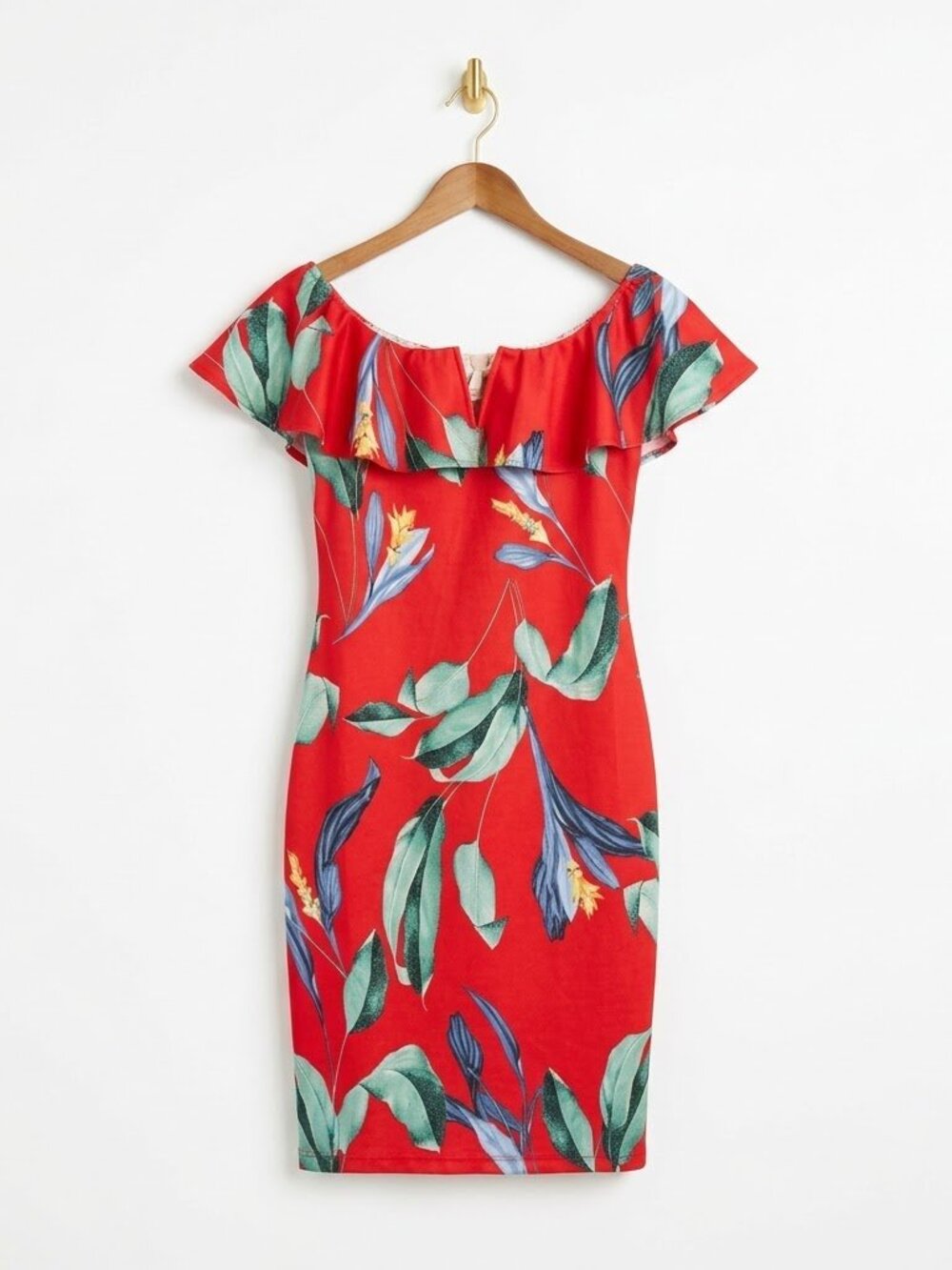 Off Shoulder Ruffle Maternity Dress Size Small Red Tropical Floral Vacation Y2K
